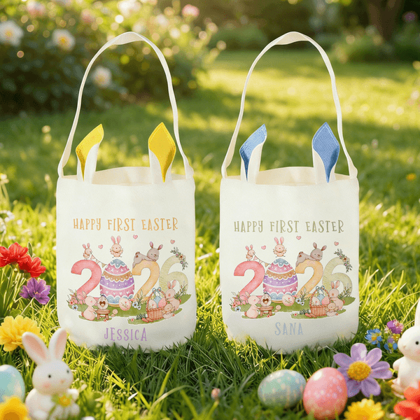 Personalised Happy First Easter Cute Bunny Ears Basket with Name Egg Hunting Party Easter Gift for Boys Girls