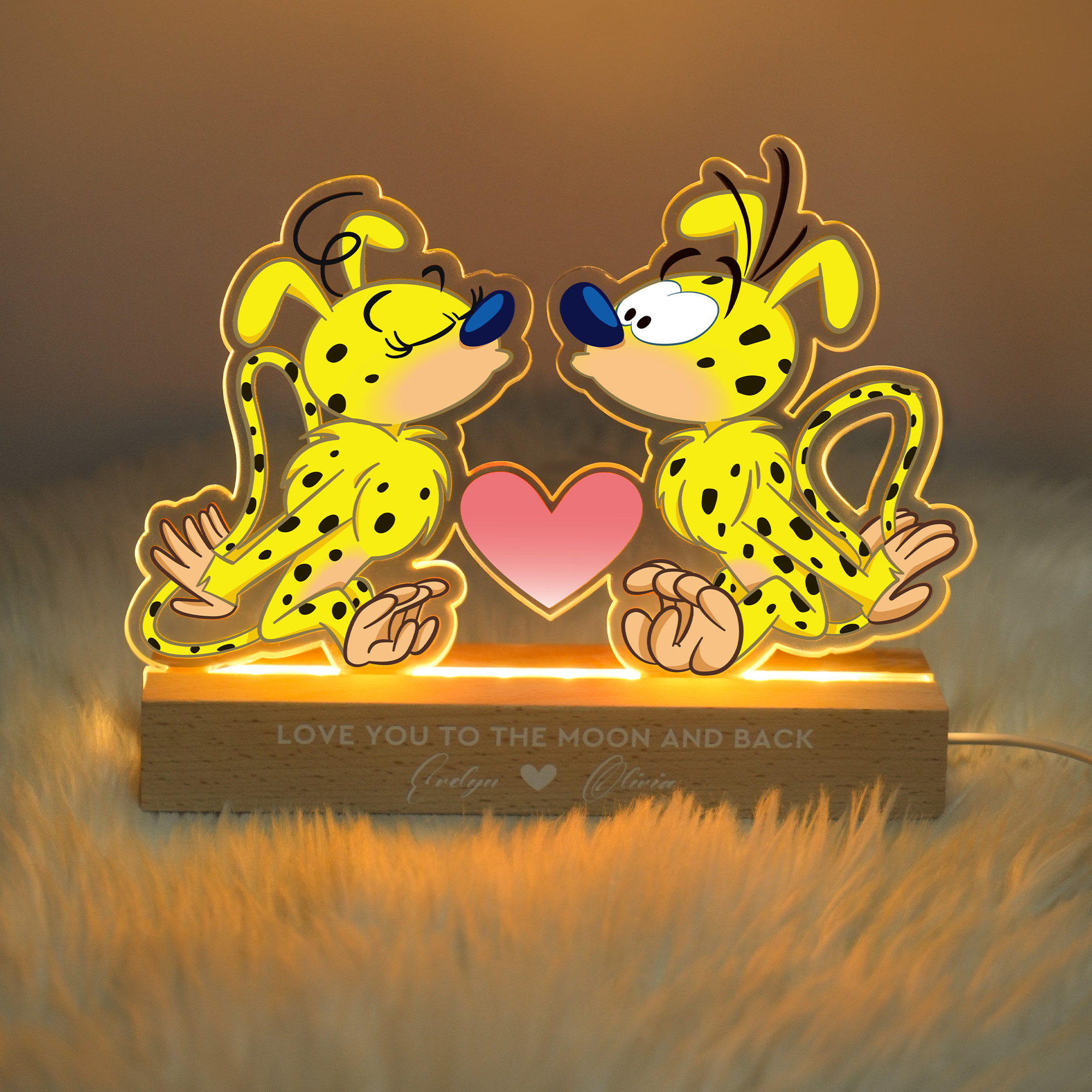 Veilleuse LED personnalisée pour couple de Marsupilami à longue queue avec nom et texte Cadeau de Saint-Valentin pour couple | Callie × Marsupilami®.