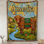 Personalized Bohemian Style Highland Cow Tassel Soft Throw Blanket with Name Daily Use Birthday Anniversary Gift for Women Girls