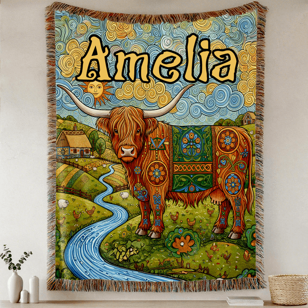 Personalized Bohemian Style Highland Cow Tassel Soft Throw Blanket with Name Daily Use Birthday Anniversary Gift for Women Girls