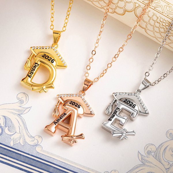 Personalized Zircon Grad Cap Initial Necklace with Engraved Name Year Dainty Jewelry Birthday Graduation Gift for Women Graduates