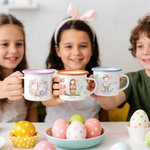 Personalisierte Healing Art Cartoon Illustration Junge Mädchen Hase 12 oz Emaille Becher mit Namen täglichen Gebrauch Ostern Party Geschenk für Kinder