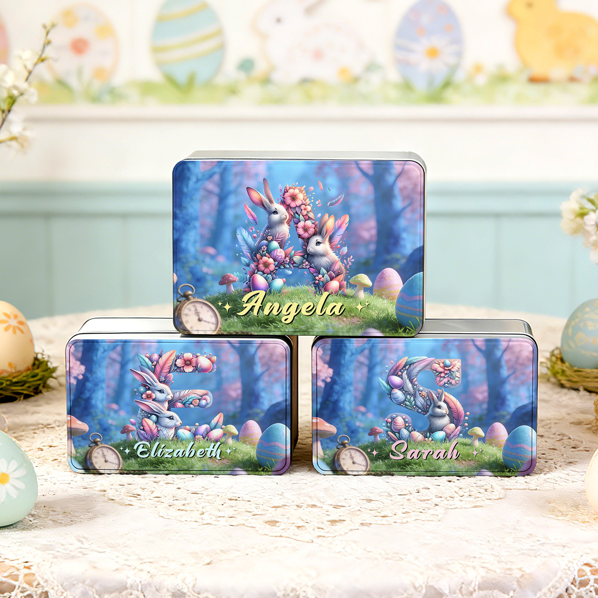Boîte à biscuits en métal de qualité alimentaire avec nom Cadeau de Pâques pour la famille et les enfants
