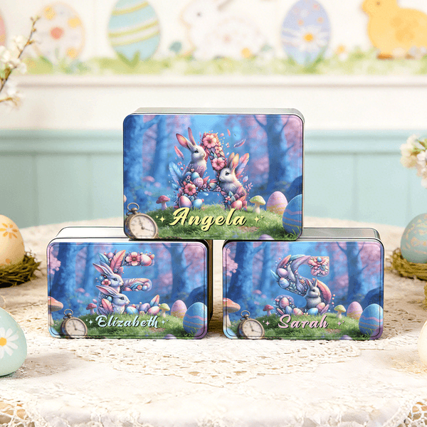 Personalized Dream Forest Bunny Egg Initial Food Grade Metal Biscuit Tin Storage Box with Name Easter Gift for Family Kids