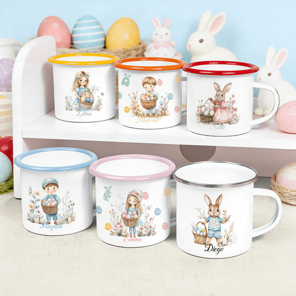 Personalisierte Healing Art Cartoon Illustration Junge Mädchen Hase 12 oz Emaille Becher mit Namen täglichen Gebrauch Ostern Party Geschenk für Kinder