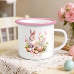 Personalisierte Healing Art Cartoon Illustration Junge Mädchen Hase 12 oz Emaille Becher mit Namen täglichen Gebrauch Ostern Party Geschenk für Kinder