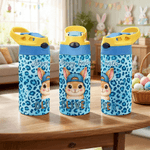 Personalisierte Osterhase Leopard Print 12 oz isolierte Wasserflasche mit Strohhalm und Spill-Proof-Deckel Ostertag Geschenk für Kinder