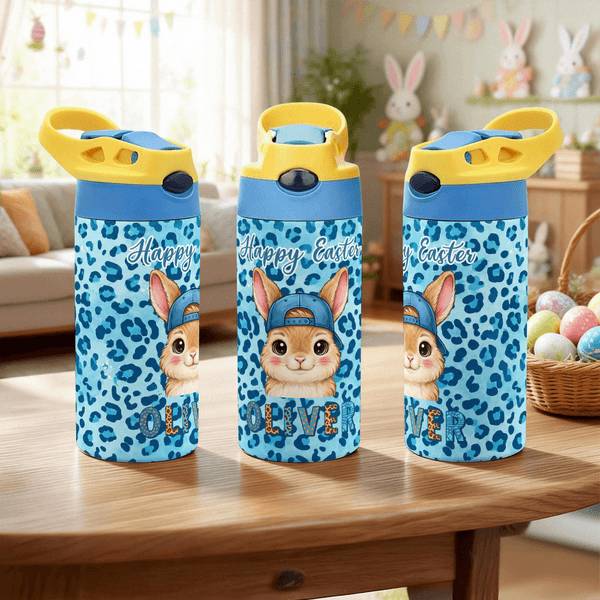 Personalisierte Osterhase Leopard Print 12 oz isolierte Wasserflasche mit Strohhalm und Spill-Proof-Deckel Ostertag Geschenk für Kinder