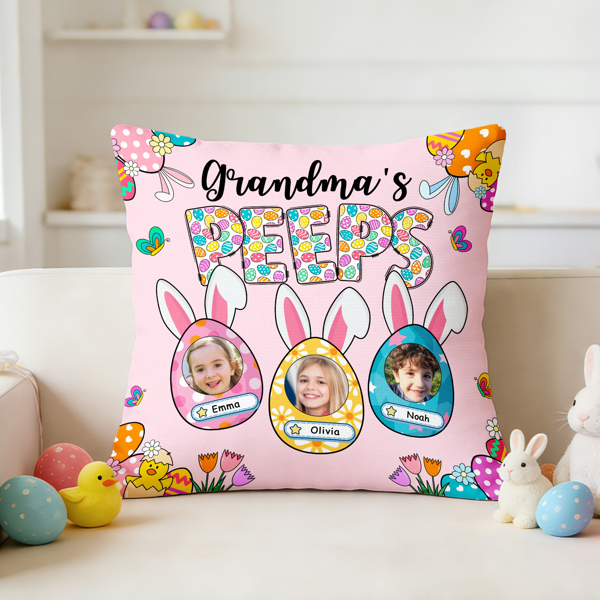 Cadeau de Pâques personnalisé pour grand-mère Peeps Bunny Ears Easter Eggs Photo Soft Throw Pillow Cover with Name Home Decor Easter Gift for Grandma Famliy
