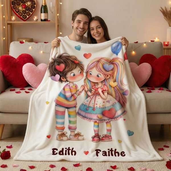 Personalised Love Heart Couple Cartoon Characters Soft Throw Blanket with Names Home Decor Valentine's Day Gift for Couple