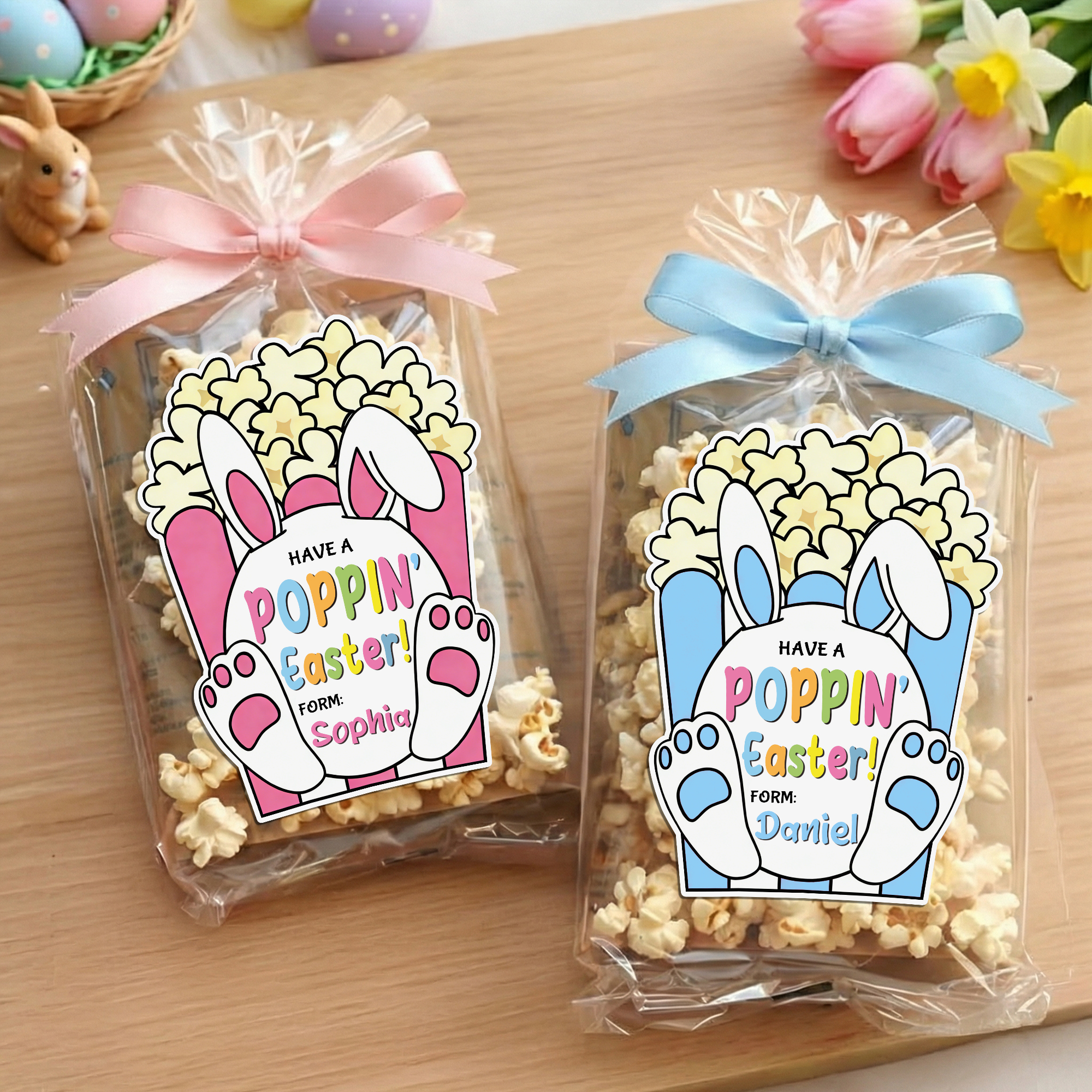 Personnalisé Popcorn Lapin de Pâques Etiquettes imperméables avec nom Décoration cadeau Fête de Pâques Favors pour enfants