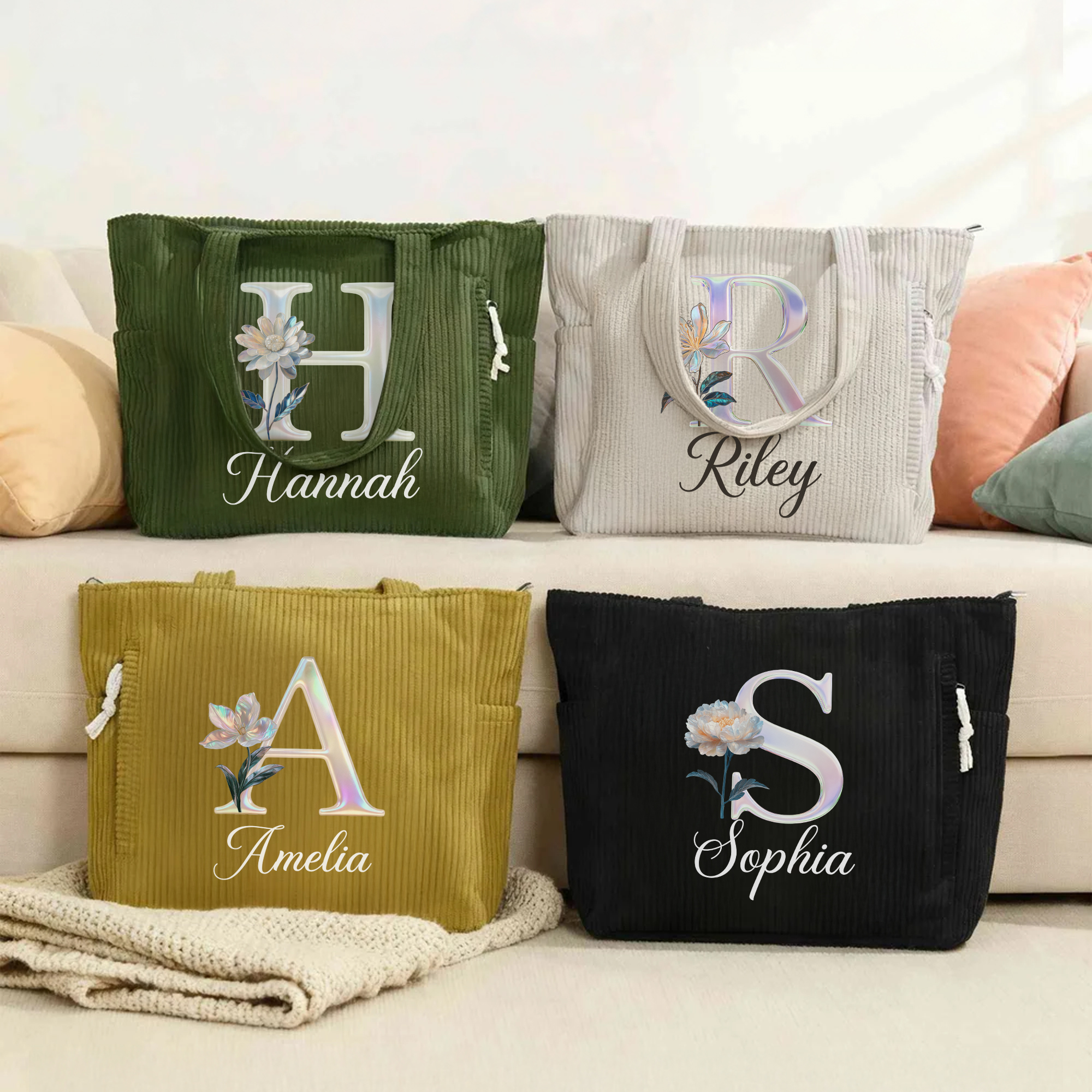 Sac en velours côtelé personnalisé avec fleur de naissance nom et initiale - Sac de grande capacité - Cadeau d'anniversaire pour elle