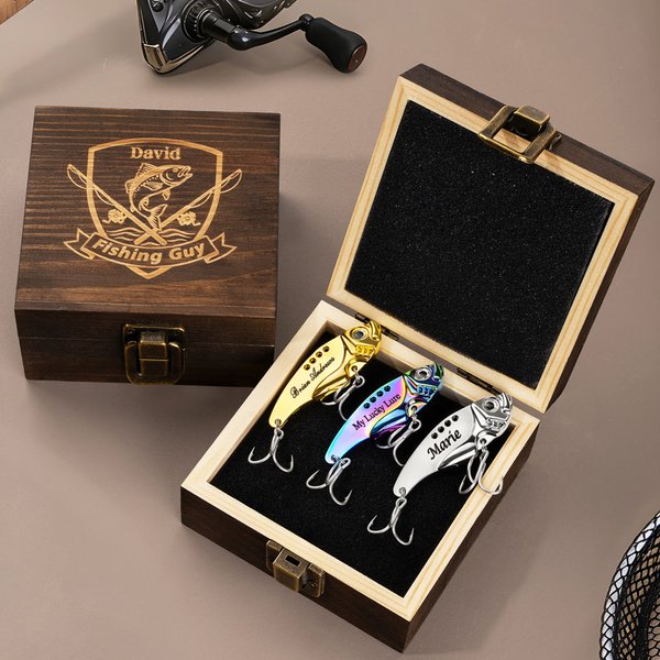 Personalized Portable Fishing Pattern Wooden Storage Box Set with Lifelike Fish Hooks and Name Fishing Accessories Birthday Gift for Fishing Lover