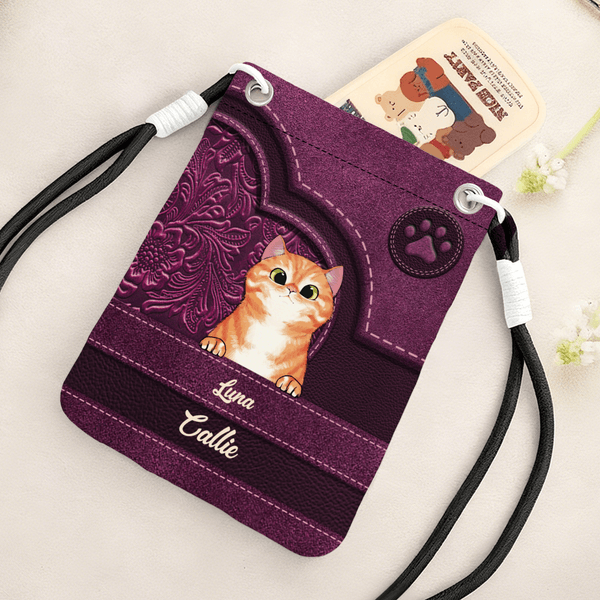 Personalized Vintage Cartoon 1-4 Cats Paw Print Heart Phone Bag with Names Daily Use Birthday Gift for Pet Owners Lovers