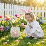 Personalized Polka Dot Bow Floral Bunny Easter Basket with Name and Bunny Ears Egg Hunting Accessory Easter Gift for Kids