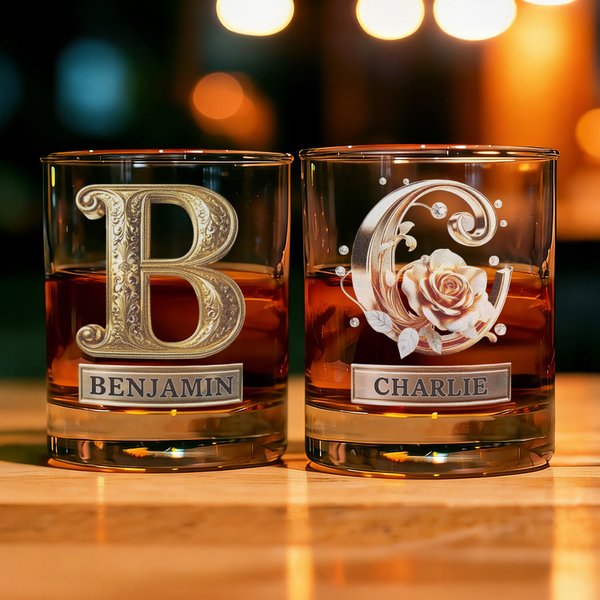 Gepersonaliseerd Bloem Alfabet 295ml Old Fashioned Whiskyglas met Naam Valentijnsdag- en Verjaardagscadeaus voor Koppel en Wijnliefhebbers