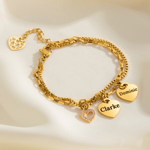 Personalised 1-6 Heart-Shaped Pendants Two-Layer Bracelet with Engraved Name Exquisite Jewellery Birthday Mother's Day Gift for Mother Grandmother
