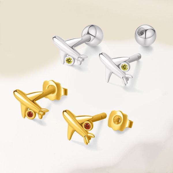 Boucles d'oreilles personnalisées avec pierre de naissance Cartilage d'avion Bijoux unisexe Cadeau d'anniversaire pour Pilote Cabin Crew Travel Enthusiast