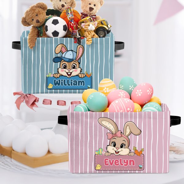 Personalized Cute Easter Bunny  Striped Design Name Large Storage Basket with Handle Easter Birthday Gift for Kids