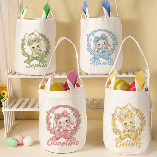 Personalized Polka Dot Bow Floral Bunny Easter Basket with Name and Bunny Ears Egg Hunting Accessory Easter Gift for Kids