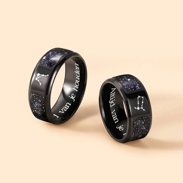 Gepersonaliseerde Ringset van 2 met Orionnevel Gegraveerde Tekst en Sterrenbeeld Verloving Bruiloft Valentijnsdag of Jubileum Cadeau voor Koppel