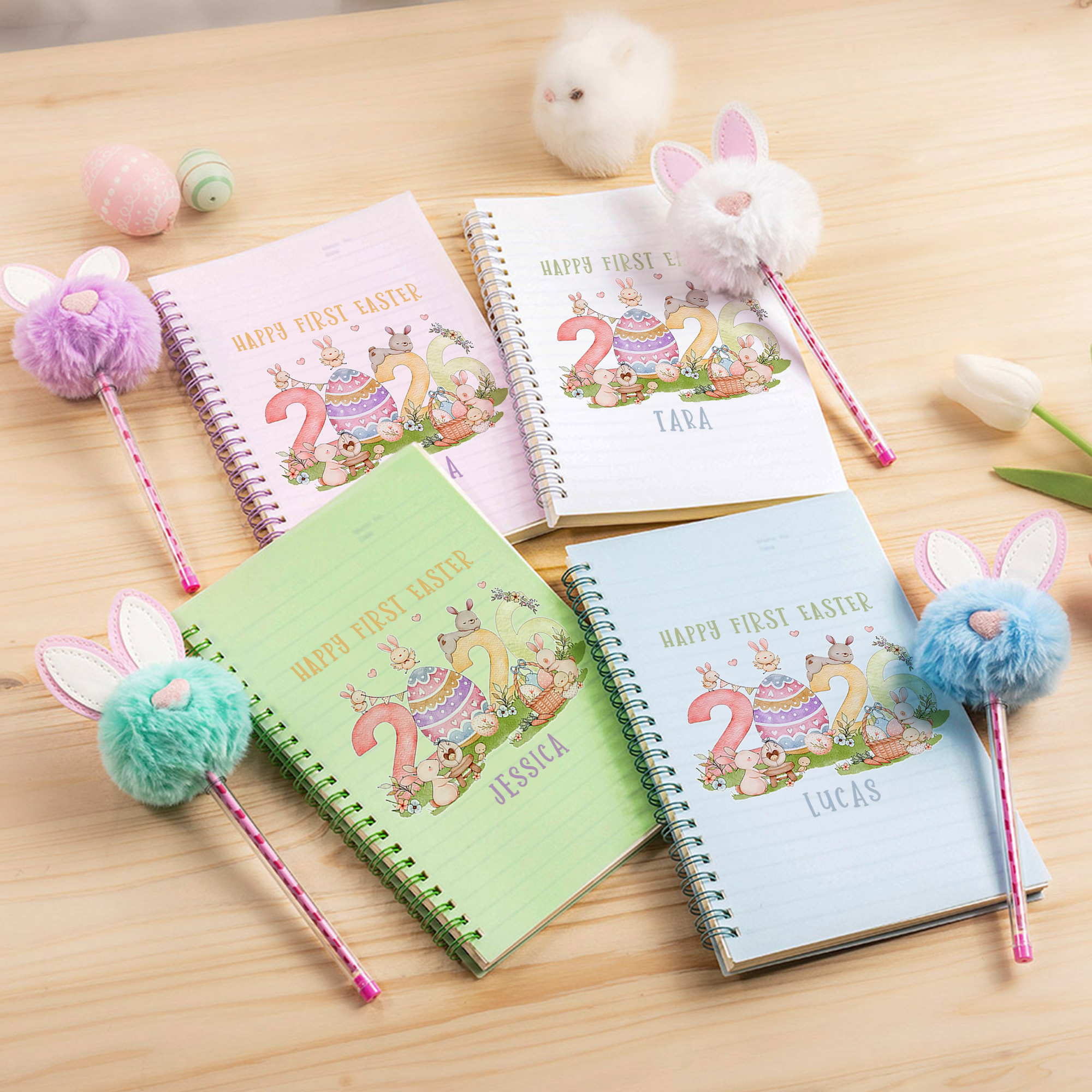 Personnalisé 2026 Happy First Easter Spiral Notebook and Pom Pom Pen Set with Name Easter Gift for Boys Girls