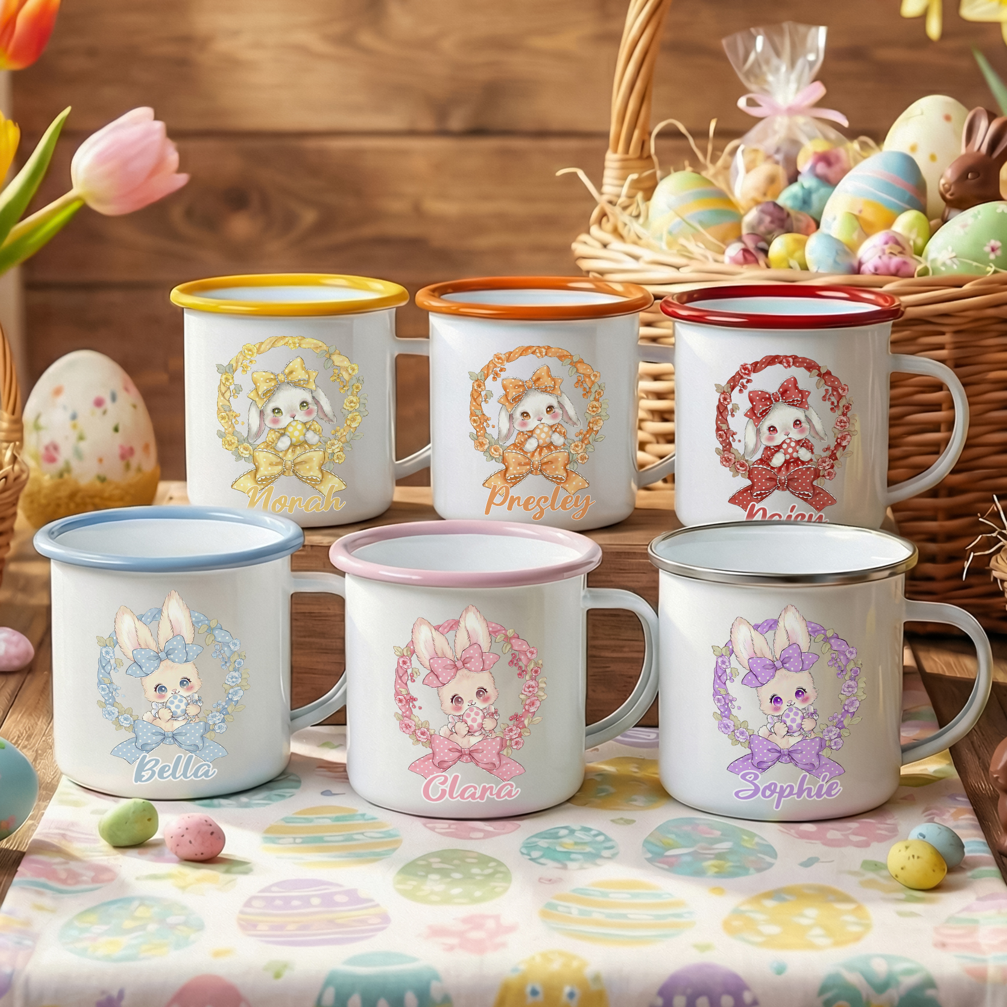 Tasse en émail personnalisée avec nom, couronne de fleurs multicolore, nœud à pois, œuf de Pâques, lapin, 12 oz Cadeau de Pâques pour les enfants