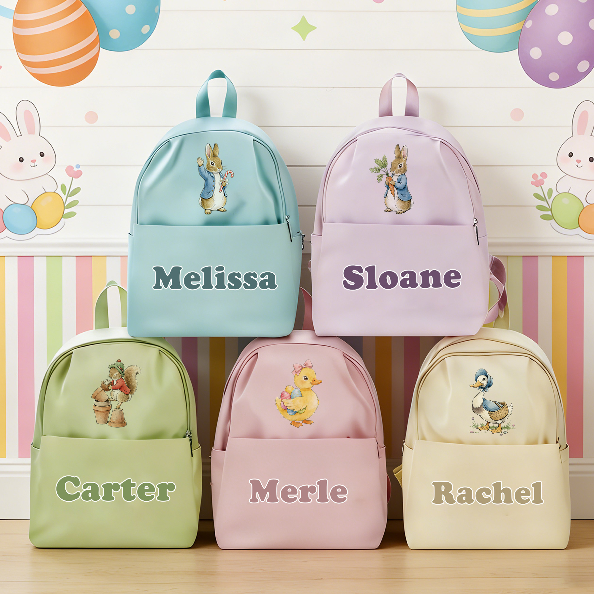 Sac d'école personnalisé avec le nom de Peter Rabbit Duck Easter Eggs Cadeau d'anniversaire de Pâques pour les enfants