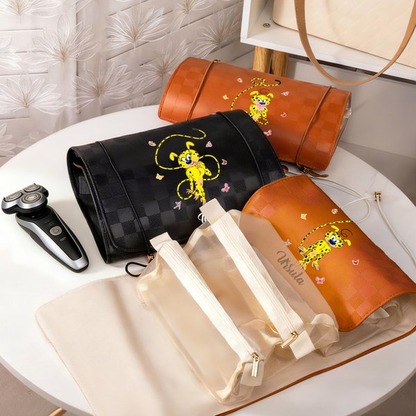 Personalised Yellow-Spotted Leopard Marsupilami PU Leather Makeup Bag with Name Travel Essentials Birthday Gift for Women | Callie × Marsupilami®