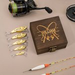 Personalized Portable Fishing Pattern Wooden Storage Box Set with Lifelike Fish Hooks and Name Fishing Accessories Birthday Gift for Fishing Lover