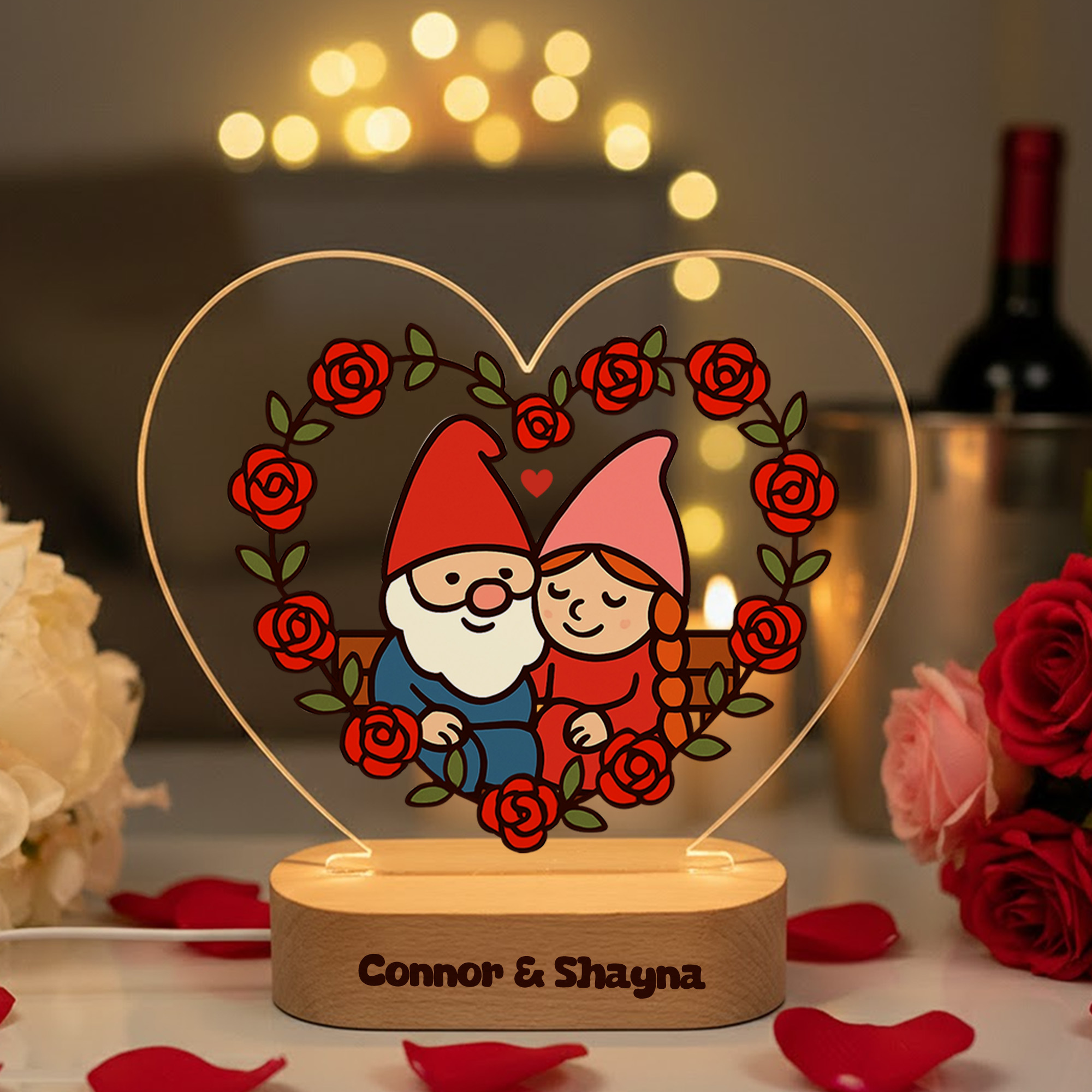 Veilleuse LED Acrylique Personnalisée Rose Gnome Couple Coeur avec Nom et Base en Bois Décoration d'Intérieur Saint Valentin Cadeau d'Anniversaire pour Couple