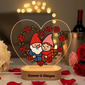 Personalized Rose Gnome Couple Heart Acrylic LED Night Light with Name and Wooden Base Home Decor Valentine's Day Anniversary Gift for Couple
