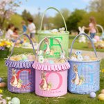 Cestino pasquale personalizzato multicolore con nome e iniziali, con coniglietto carino - Regalo per caccia alle uova di Pasqua per bambini