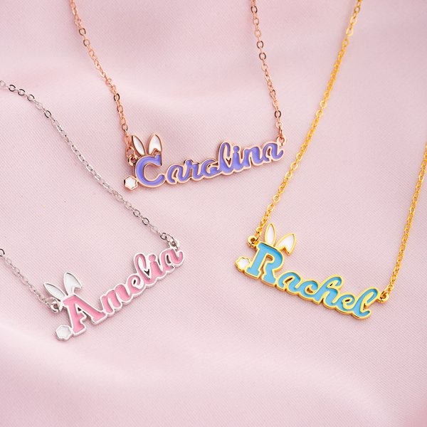 Collier personnalisé oreilles de lapin Initiales du nom Multicolore Bijoux Pâques Anniversaire Cadeau pour Femmes Filles