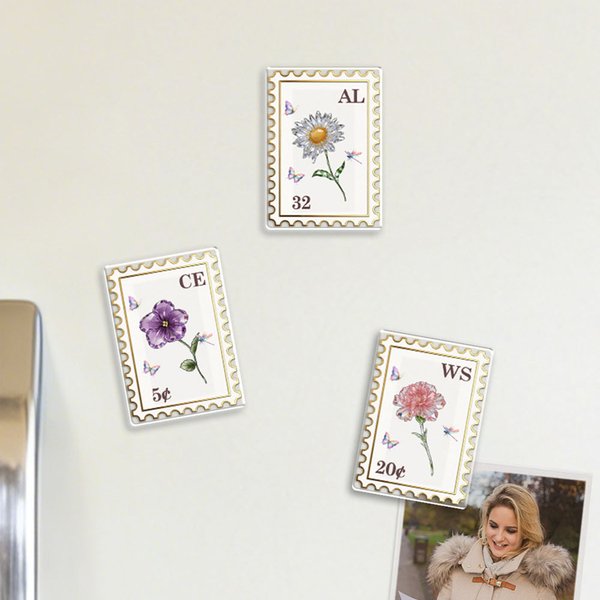 Personalized Crystal Birth Flower Postage Stamp Acrylic Fridge Magnet with Initials Home Decor Birthday Gift for Family Friend