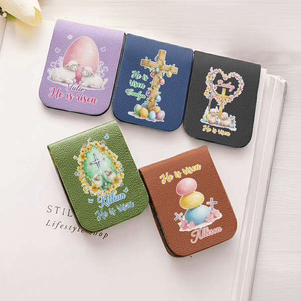 Personalized He Is Risen Easter Egg PU Leather Magnetic Bookmark Clip with Name Birthday Easter  Gift for Book Lovers