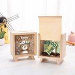 Salvadanaio in legno personalizzato con nome e animali carini in stile cartone animato - Regalo di compleanno per bambini