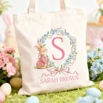Personalized Cute Easter Bunny Wreath Bow Canvas Tote Bag with Initial and Name Daily Use Easter Day Gift for Kids