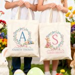 Personalized Cute Easter Bunny Wreath Bow Canvas Tote Bag with Initial and Name Daily Use Easter Day Gift for Kids