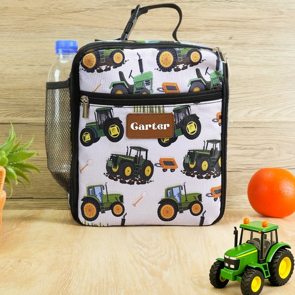 Personalised Green Tractor Pattern Insulated Kids Lunch Bag with Name Back to School Birthday Gift for Boys Girls