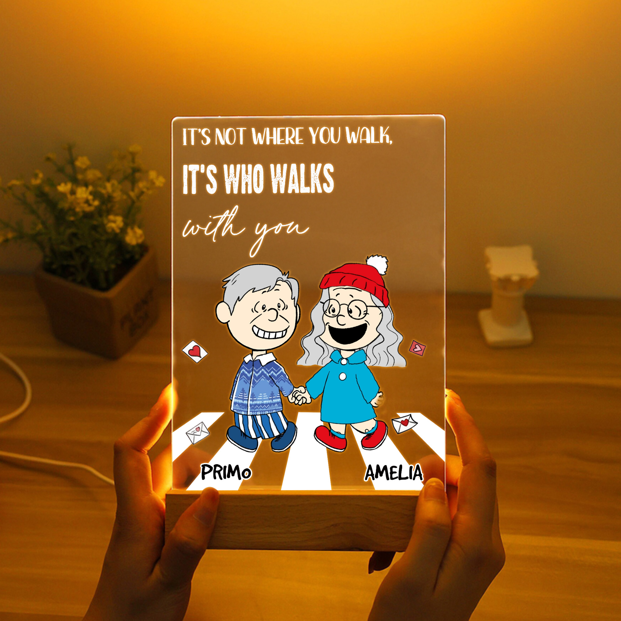 Veilleuse LED en acrylique 4 couleurs avec nom et socle en bois Cadeau d'anniversaire de Saint Valentin pour couple