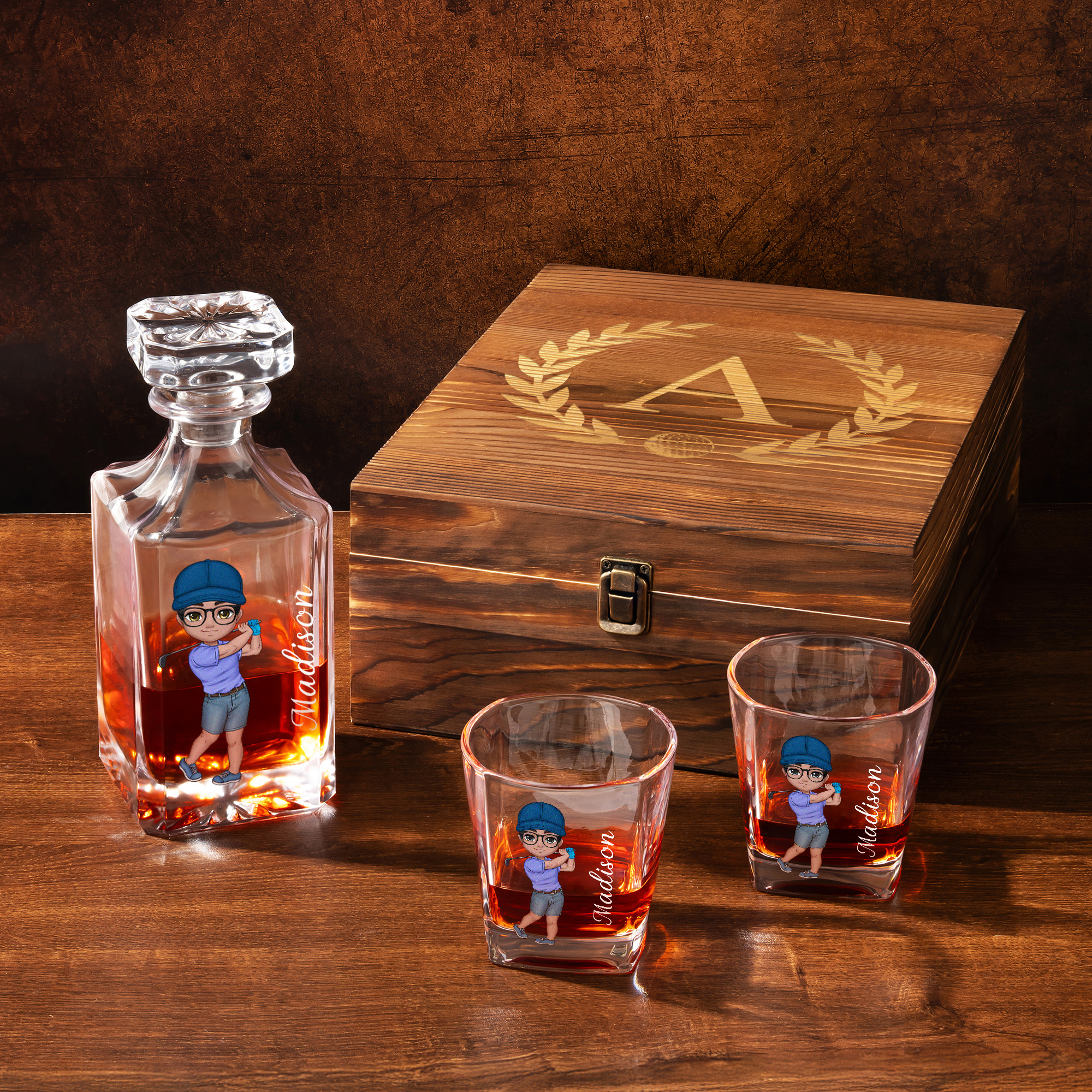Carafe à whisky et 4 verres avec nom gravé Cadeau d'anniversaire de fête des pères pour hommes joueurs de golf