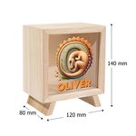 Tirlire en bois personnalisée avec nom et motif de dinosaure ou licorne - Cadeau d'anniversaire pour les enfants