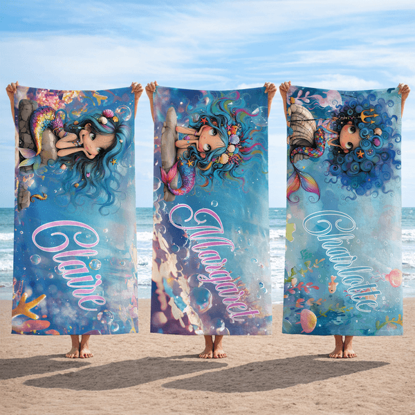 Personalized Cartoon Mermaid Quick Dry Beach Towel with Name Travel Essentials Beach Party Birthday Gift for Girls Ocean Theme Enthusiasts