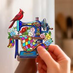 Personalized Stained Glass Art Style Cardinal Sewing Machine Acrylic Fridge Magnet with Name Home Decor Memorial Gift for Women