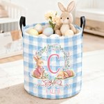 Personalized Cute Easter Bunny Wreath Bow Plaid Laundry Basket with Initial and Name Daily Use Easter Day Gift for Kids