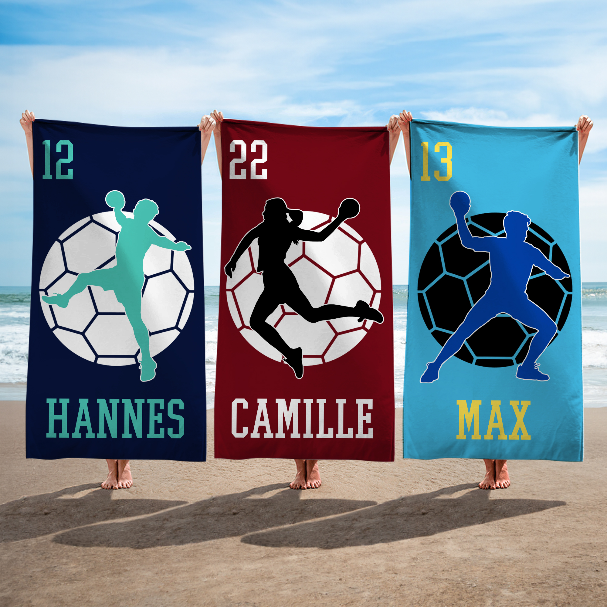 Serviette de plage personnalisée avec silhouette de personnage nom et numéro - Cadeau de vacances pour les amateurs de handball