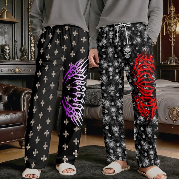 Gepersonaliseerde Punk Metal Rock stijl lange pyjamabroek met koord en naam Dagelijks dragen Verjaardagscadeau voor vrouwen mannen