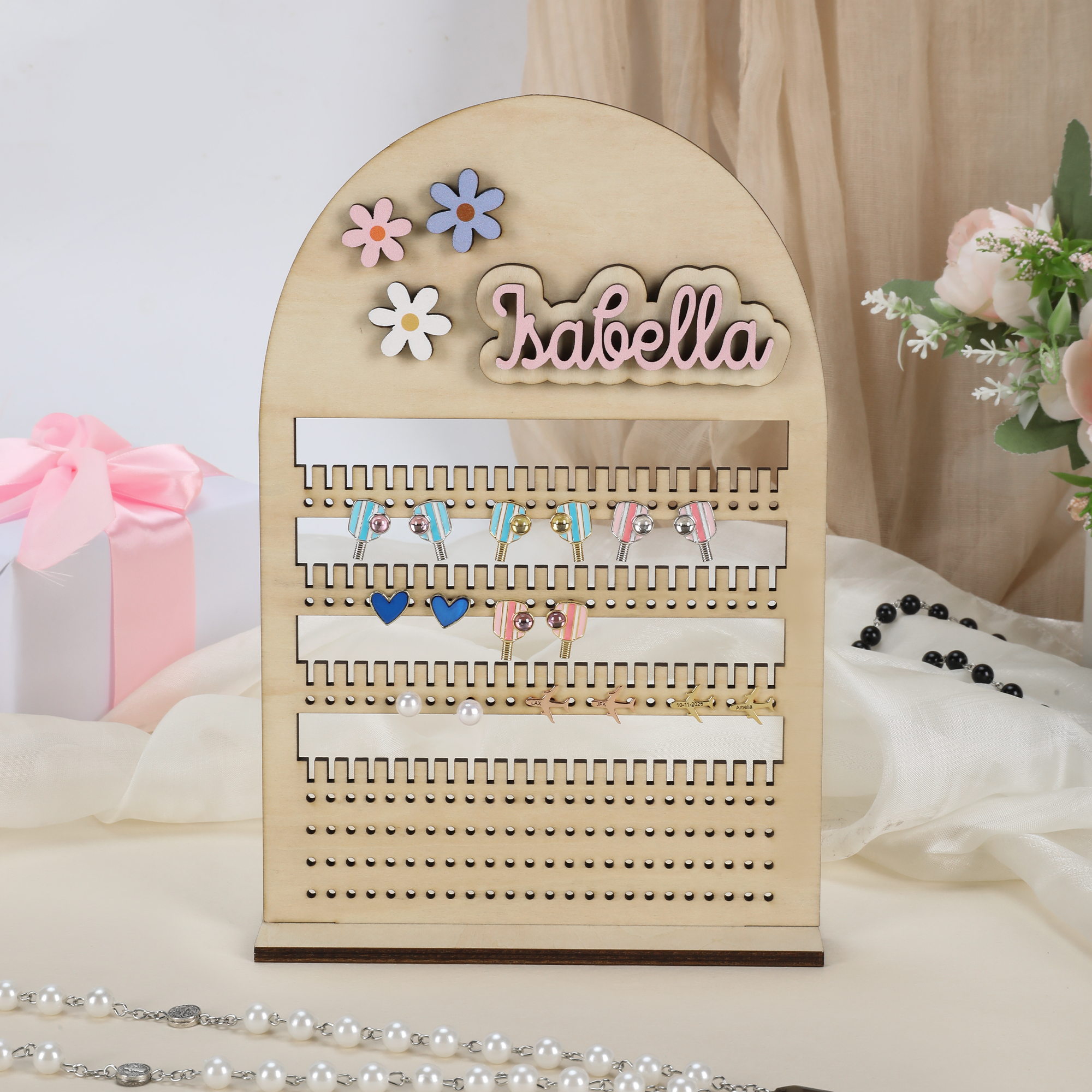 Porte boucles d'oreilles en bois personnalisé avec nom Décoration de bureau Anniversaire Festival Cadeau pour filles Femmes