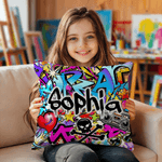 Personalized Dynamic Street Graffiti Art Soft Throw Pillow Cover with Name Party Birthday Gift for Kids Graffiti Lovers
